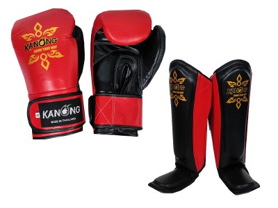 Kanong Muay Thai-handschoenen + Scheenbeschermers van echt leer : Rood/Zwart